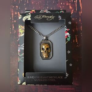 Men’s Ed Hardy Gold Skull Dog Tag Necklace Gothic Pendant Gunmetal Chain